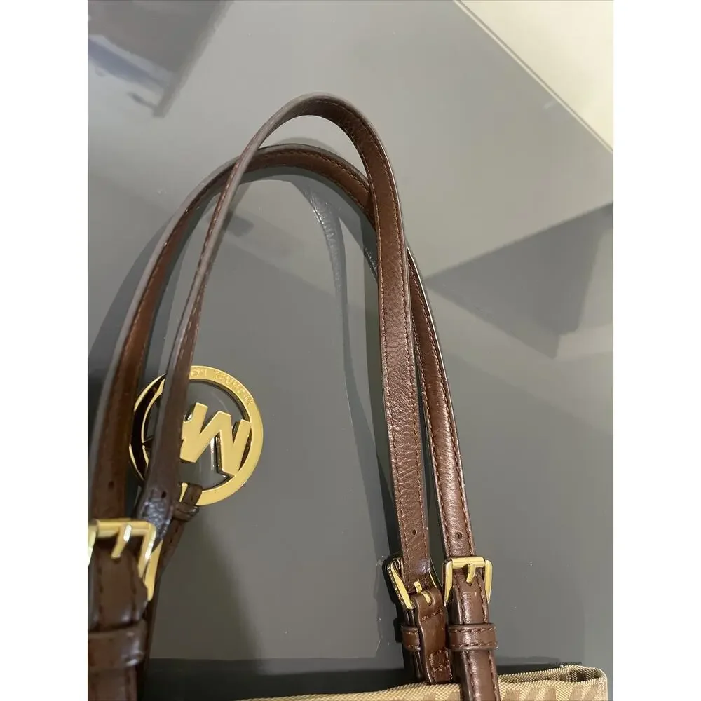 Michael Kors Jet Set MK Logo Brown Beige Canvas Tote Bag Purse
